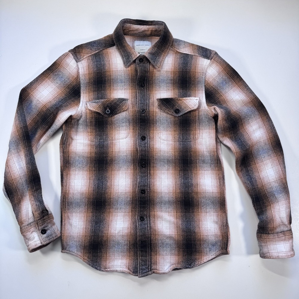 AMERICAN EAGLE Long Sleeve Button Up Flannel Shirt Mens XSmall Gold Plaid